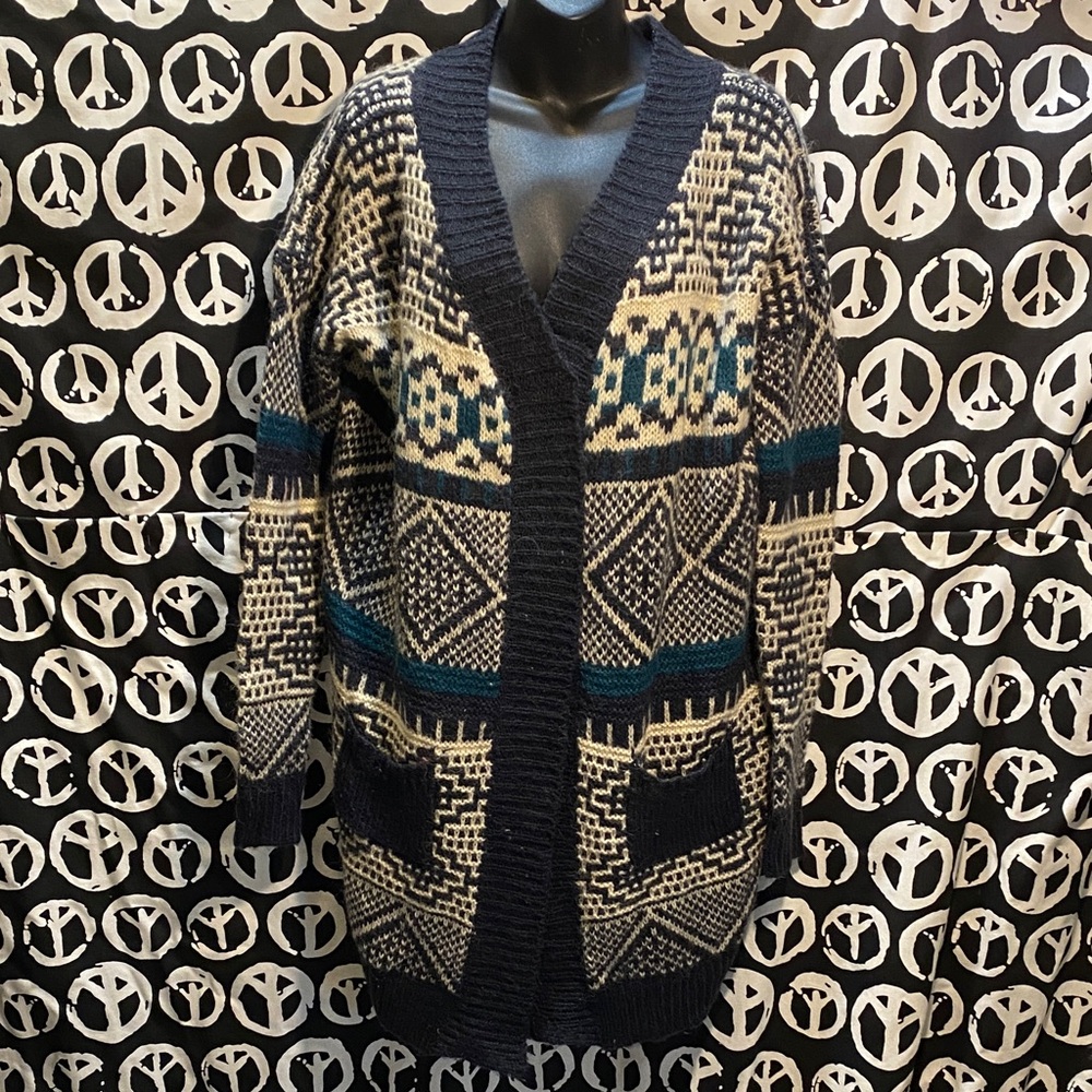 Freeway Grey, Green, Blue and Cream Knit Sweater open-front, sweater tunic SZ S